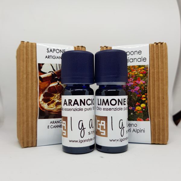 Pacc. oli ess. arancio e limone + sapone arancio e cannella e fiori alpini