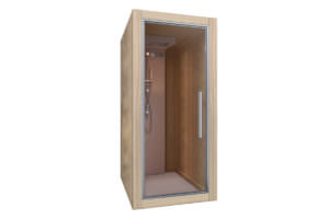 CABINA DOCCIAIN LEGNO E VETRATA PANORAMICA