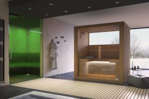 SAUNA MOD. SKYINFRA  COSTRUITA CON LEGNO DI PERO E VETRATA PANORAMICA