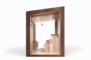 SAUNA DA ESTERNO IN OKUME’ E PROFILI IN KORTEN