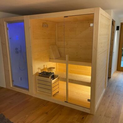 MONOBLOCCO CON CABINA SAUNA E BAGNO TURCO CON DOCCIA IN ABETE