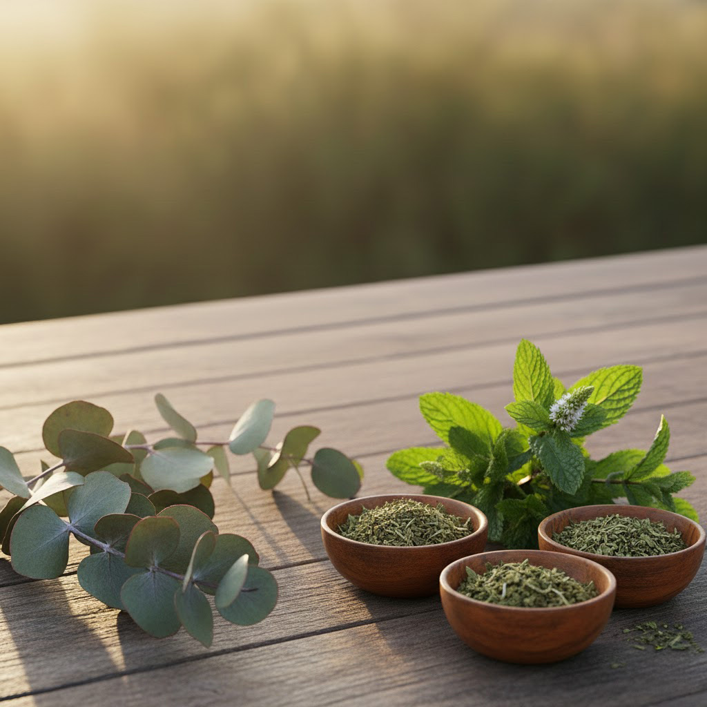 ucalipto, cajeput e menta piperita